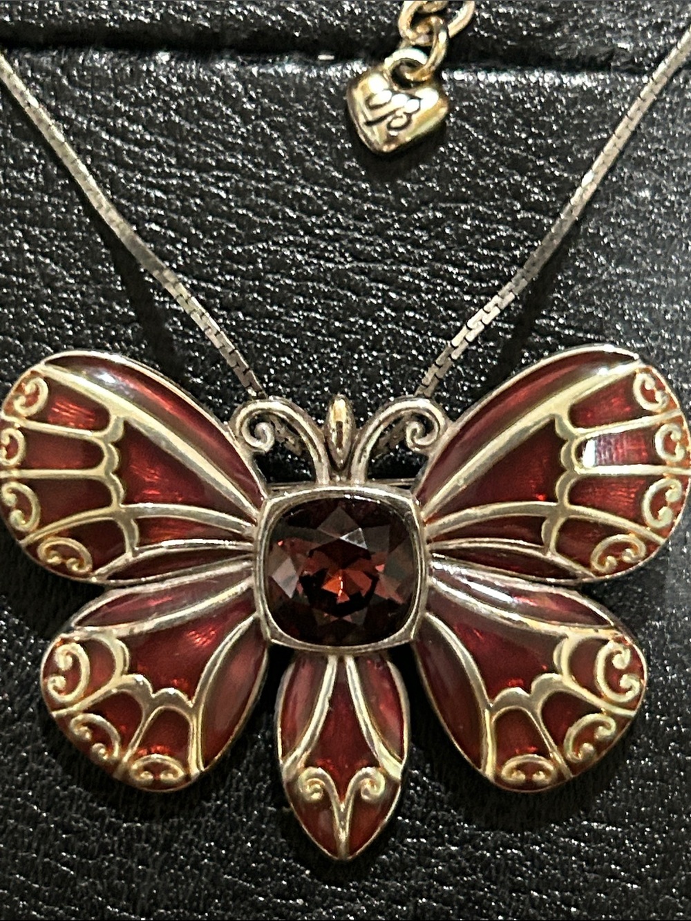 Brighton Silver Butterfly Necklace with Deep Red Enamel and Garnet-Like Stone - Picture 1 of 7
